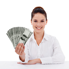 Image showing Business woman, cash fan and studio portrait for investment, winning and achievement by white background. Isolated businesswoman, prize money and success for winner with bonus, goal and profit