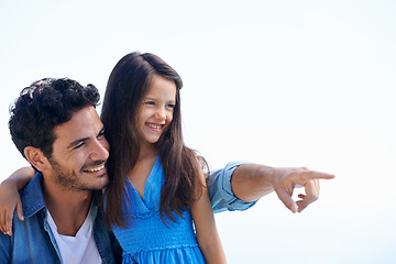 Image showing Love, sky and happy dad, kid and person point at outdoor view, direction and family holiday destination. Wellness, travel gesture and relax dad, papa or man bonding, support or care for child