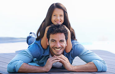 Image showing Love, relax and floor portrait of happy family father, child or people smile for Fathers day quality time together. Support trust, childhood and young kid, girl or youth bonding with dad, papa or man