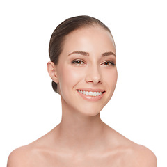 Image showing Smile, dental care and portrait of a woman with a glow isolated on a white background in studio for skincare. Happy, face and young model showing teeth for oral hygiene with care of natural skin