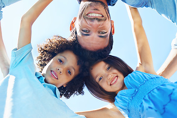 Image showing Hug, blue sky portrait and happy kids, father and children bonding, support and family circle for care, solidarity or love. Group, bottom view and people together for Fathers Day, happiness and trust