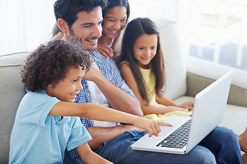 Image showing Laptop, pointing and happy family dad, kids or people gesture at online website, social network video or comic. Smile, adoption and group of children with father streaming home subscription movie