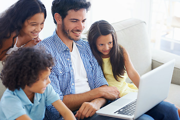 Image showing Laptop, happy family and dad with kids watching social network video, online entertainment show or digital movies. Smile, care and group of children with father streaming home subscription movie