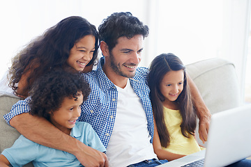 Image showing Laptop, happy family dad and children watching social media video, online entertainment show or kid friendly movies. Together, hug and relax kids with father streaming home subscription movie