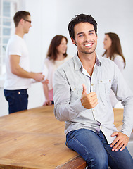 Image showing Thumbs up, winning portrait and man in office meeting with success, achievement or yes sign for employee engagement. Face of happy person in like, teamwork and okay emoji or hand in career management