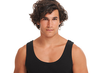 Image showing Serious, handsome and portrait of man on a white background with confidence, beauty and muscles. Skincare, dermatology and isolated Australian male person in studio for wellness, health and hair