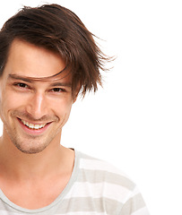 Image showing Mockup, smile and portrait of man in studio for casual, trendy and cool fashion. Happiness, edgy and confidant with face of male model isolated on white background for geek, youth and positive style