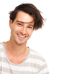 Image showing Happy, messy hair and portrait of man in studio for casual, trendy and cool fashion. Happiness, edgy and confidant with face of male model isolated on white background for geek, youth and style