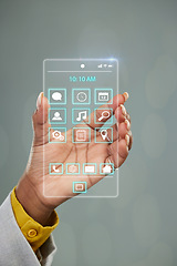 Image showing Woman, hands and futuristic phone UI, dashboard or virtual interface with software icons on mockup space. Hand of female person holding digital ui, future technology or multimedia hologram system