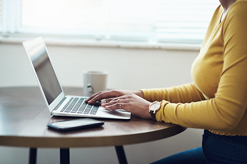 Image showing Typing, laptop and woman hands for planning, website research and creative blog with remote work or opportunity, Startup, software and person on computer, copywriting, ideas and inspiration at home