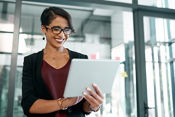 Image showing Tablet, business and woman typing for email, internet research or browsing for ideas, planning or communication. Female expert, corporate or designer scrolling, reading or working on social network