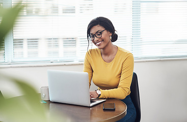 Image showing Laptop, office and happy woman with online planning, website research and management software for remote work. Creative business, working and african person on computer at table for home project