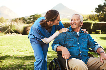 Image showing Senior man, nurse and wheelchair for support, healthcare or garden at nursing home. Happy elderly male and woman caregiver in care for patient or person with a disability for life insurance in nature