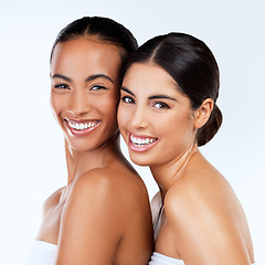 Image showing Women friends, studio portrait and cosmetics with smile, beauty and wellness by white background. Lesbian woman, skincare and happy together with excited face, natural glow and isolated for makeup