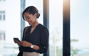 Image showing Business, smile or woman with a cellphone, connection or typing with social media, texting or sms in a workplace. Female person, employee or entrepreneur with a smartphone or search internet for info