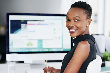 Image showing Business, portrait and black woman with computer screen in office happy, smile and confident. Face, creative and African female graphic designer online for planning, homepage and idea inspiration