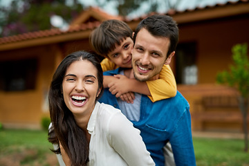 Image showing Portrait, outdoor and family with happiness, funny and bonding with joy, laughing and loving. Face, parents and mother with father, male child or boy outside, house and real estate with weekend break