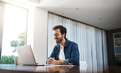 Image showing Business man, video call and laptop in home office for listening, audio and communication at desk. Young businessman, computer and earphones for webinar, online consultation or remote work with smile