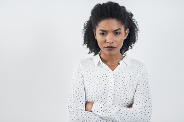 Image showing Angry, business and portrait of black woman with arms crossed in studio isolated on a white background mockup. Frustrated, face and African female professional, entrepreneur or person from Nigeria.