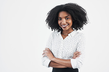 Image showing Business, smile and portrait of black woman with arms crossed in studio isolated on a white background mockup. Confidence, face and African female professional, entrepreneur or person from Nigeria.