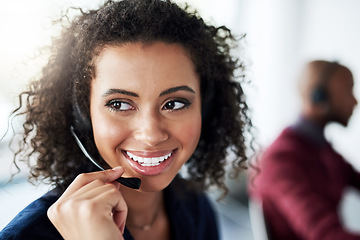 Image showing Call center agent and woman with a smile, thinking and telemarketing with client service, help and speaking. Female person, happy employee and consultant with headphones, tech support and happiness