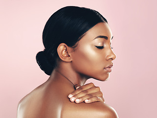 Image showing Glow, makeup and beauty of Indian woman for skincare, facial or wellness treatment or dermatology, spa or cosmetics in studio. Girl, selfcare or luxury mockup or isolated face with skin confidence