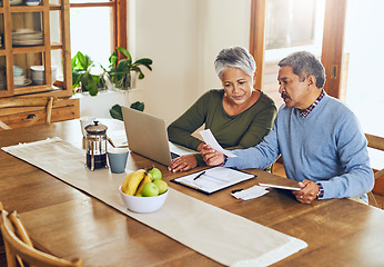 Image showing Finance, laptop and senior couple with bills, paperwork and receipt documents for life insurance. Retirement, fintech and elderly man and woman on computer for mortgage payment, investment and budget