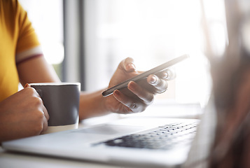 Image showing Woman, closeup search on smartphone with laptop, coffee and work in home office or shopping and mobile communication in remote work. Hands and social media, internet or online, app or website