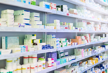 Image showing Pharmacy, shelf and boxes for product, empty or pharmaceutical stock for wellness, health and interior. Shop, store and retail healthcare with storage, choice or sale for wellness, discount and drugs