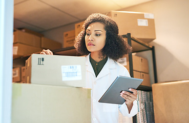 Image showing Inventory, pharmacy and tablet with woman and box for wellness, medicine and storage. Stock, medical and healthcare with female pharmacist and check for shipping, delivery and cargo supplies