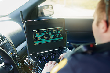 Image showing Database, laptop and a police officer in a car for security, urban law and safety data while working. Screen, programming and male protection professional with a computer to hack system in transport