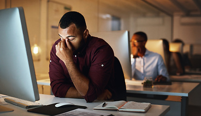 Image showing Employee, night and man with a headache, burnout and depression with a deadline, tired and mistake. Male person, employee and consultant with a migraine, working late and depression with health issue