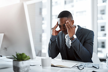 Image showing Professional black man, headache and stress in workplace with burnout, depression and brain fog in office. Male person with pain at desk, migraine and tired, overworked and business crisis anxiety