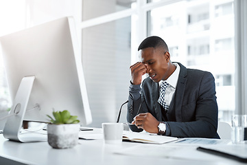 Image showing Black man in business, headache and stress with pain, depression and brain fog in office. Male person at desk, migraine and tired, overworked with work crisis anxiety in the workplace and burnout