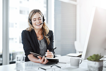 Image showing Planning, secretary and female receptionist in office while working on customer support communication. Call center, telemarketing and happy woman agent with crm strategy with desktop in the workplace