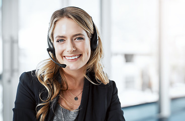 Image showing Woman, callcenter and smile in portrait, contact us with communication and CRM, mockup space and headset. Customer service, phone call and happy female consultant on help desk with support in office