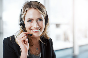 Image showing Woman with headset, callcenter and smile in portrait, phone call with communication and CRM with mockup space. Customer service, telemarketing and female consultant on help desk and contact us