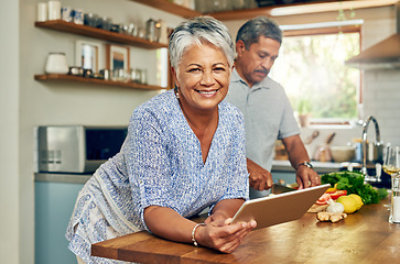 Image showing Portrait of old woman in kitchen with man, tablet and cooking healthy food together in home. Digital recipe, smile and senior couple in house with meal prep, happiness and wellness diet in retirement