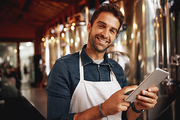 Image showing Tablet, beer and brewery with portrait of man for production, manufacturing and alcohol fermentation. Technology, inspection and digital with business owner for distillery, storage or quality control