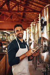 Image showing Tablet, beer and portrait with man in factory for production, manufacturing and alcohol fermentation. Technology, inspection and digital with business owner for distillery, storage or quality control