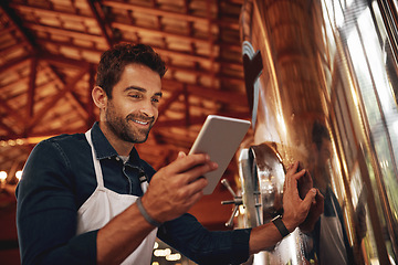 Image showing Tablet, beer and storage with man in factory for production, manufacturing and alcohol fermentation. Technology, inspection and digital with business owner for distillery, brewery and quality control