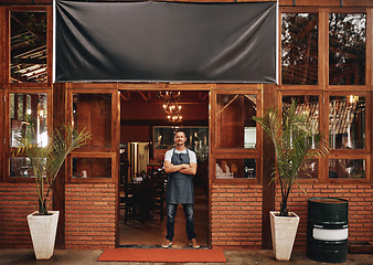 Image showing Banner, man and small business owner of restaurant, shop or pub with career pride. Male entrepreneur person as manager, barista and waiter or bartender at door for cafe welcome mockup sign or logo