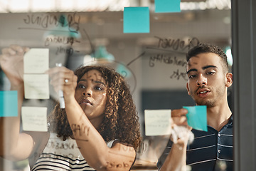 Image showing Brainstorming, teamwork and writing with business people in meeting for designer, branding and workshop. Idea, creative and presentation with employees for solution, schedule and glass board planning