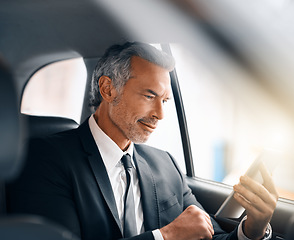 Image showing Business man, tablet and car for travel, journey or drive while online for communication. Professional male person with tech and internet connection for work with luxury transportation or a taxi