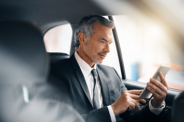 Image showing Tablet, business man and car for travel, journey or drive while reading email. Professional male person with tech for communication and internet connection for work with luxury transportation or taxi