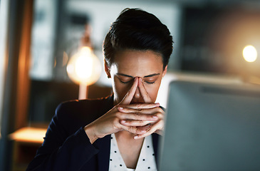 Image showing Stress, headache and night with business woman in office for burnout, tired and glitch. Anxiety, mental health and exhausted with female employee at computer for 404, mistake and problem