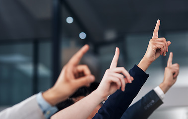 Image showing Question, ask and hands of business people in meeting for feedback in presentation, workshop and training. Corporate office, audience and workers raising hand for seminar, tradeshow and conference