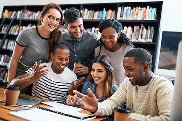 Image showing People in library, students laughing together and studying for exam or research for project, education and teamwork. Diversity, men and women in study group and learn with collaboration on campus