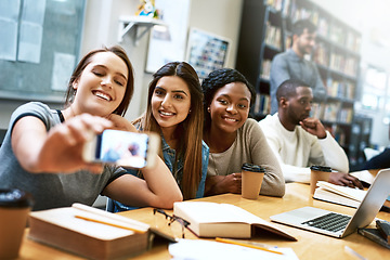 Image showing Women friends, selfie and college library with smile, happiness or diversity for social media app. Girl, group and happy for photography, profile picture or blog for solidarity, education or support