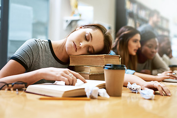 Image showing Woman, sleeping and books for studying at library, college and tired with stress, anxiety or burnout. University student, girl and sleep with education, study and fatigue with notes, school and desk